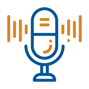 Icon of a blue microphone with orange sound waves emanating