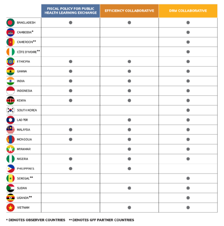 A table of countries that marks their participation in various Health Financing technical initiative activities.