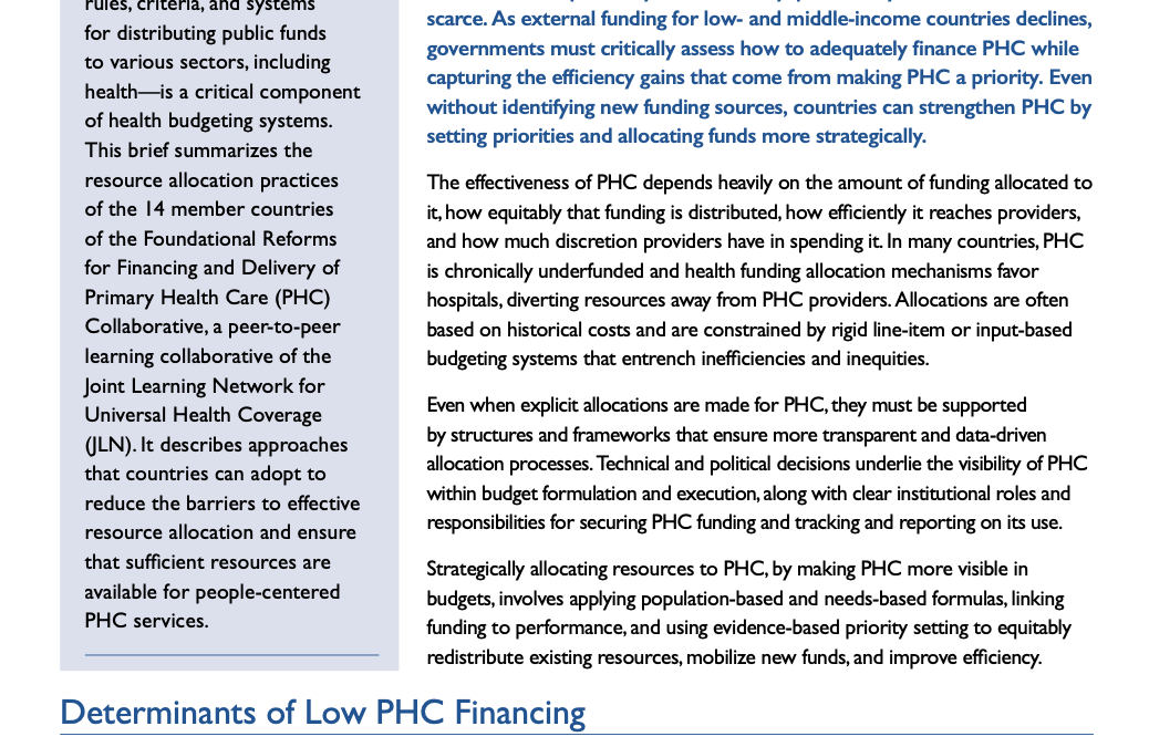 Financing Primary Health Care: How JLN Member Countries Allocate Resources to Improve Care and Enhance Equity